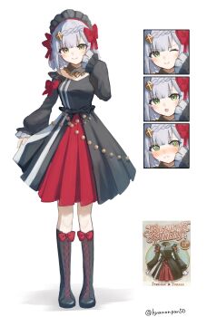 1girl absurdres alternate_costume blunt_bangs blush boots bow braid dress genshin_impact green_eyes grey_hair hair_bow hair_ornament highres honkai:_star_rail honkai_(series) knee_boots kyanonpan50 lace-up_boots looking_at_viewer maid_headdress medium_hair multiple_expressions noelle_(genshin_impact) red_bow reference_inset simple_background skirt_hold smile twitter_username white_background