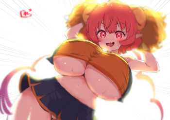black_skirt breasts cheering cheerleader highres horns huge_breasts ilulu_(maidragon) kobayashi-san_chi_no_maidragon looking_at_viewer microskirt midriff panties pom_pom_(cheerleading) red_eyes red_hair reiwa_rerere short_hair_with_long_locks shortstack skirt smile underboob underwear white_panties
