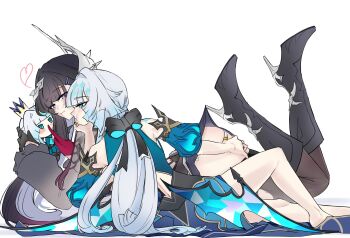 2girls arched_back ass asymmetrical_gloves black_boots black_gloves black_hair black_thighhighs blue_dress blue_eyes blue_hair boots cerydra_(honkai:_star_rail) character_doll choikfu commentary doll dress english_commentary from_side gloves grabbing_another&#039;s_ass groping hair_ornament heart high_heel_boots high_heels highres holding holding_doll honkai:_star_rail honkai_(series) hysilens_(honkai:_star_rail) lace_pantyhose_hooked_on_heel_(meme) long_hair lying meme mismatched_gloves multiple_girls on_stomach red_gloves thighhighs torn_clothes torn_thighhighs very_long_hair wings yuri