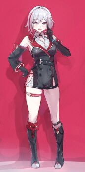 1girl bare_shoulders belt black_boots black_gloves blue_eyes blush boots breasts detached_sleeves elbow_gloves gloves high_heel_boots high_heels highres honkai:_star_rail honkai_(series) large_breasts looking_at_viewer multicolored_hair red_background red_hair sanshoku_dango_(shukosuko) short_hair solo topaz_(honkai:_star_rail) white_hair