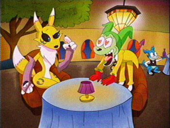 Rule 34 | black sclera, colored sclera, colored skin, digimon, digimon (creature), green skin, heart, heart-shaped pupils, impmon, lacardozarojas, looking at another, renamon, symbol-shaped pupils, the mask, v-mon, yin yang