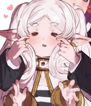 2girls =_= anger_vein black_jacket blush cheek_pinching double-parted_bangs elf fern_(sousou_no_frieren) frieren highres jacket long_hair moku_(muooku) multiple_girls open_mouth pinching pointy_ears pout purple_eyes shirt sousou_no_frieren twintails white_hair white_jacket white_shirt