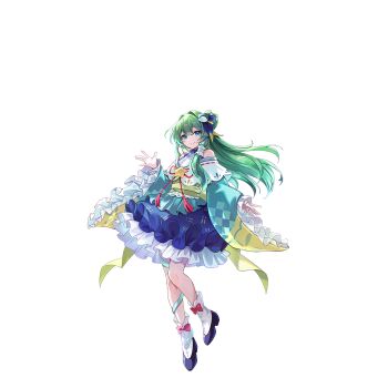 1girl alternate_costume black_shoes blue_skirt closed_mouth detached_sleeves frilled_sleeves frills frog_hair_ornament full_body game_cg green_eyes green_hair green_snake hair_ornament hair_tubes highres kochiya_sanae long_hair looking_at_viewer non-web_source obi official_art sash second-party_source shirt shoes single_hair_tube skirt smile snake socks solo touhou touhou_gensou_eclipse transparent_background u_u_zan very_long_hair white_shirt white_socks