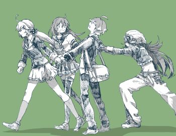 2boys 2girls ahoge another_eden bag beanie belt clenched_hand closed_eyes closed_mouth collared_shirt commentary_request cropped_jacket double-parted_bangs floating_hair foran_(another_eden) from_side goggles goggles_on_headwear green_background greyscale_with_colored_background hair_between_eyes hair_ornament hair_scrunchie hand_grab hands_on_another's_back hat hatching_(texture) head_back jacket kneehighs linear_hatching long_hair long_pointy_ears long_sleeves looking_at_another looking_back low_twintails michibata_65 midriff mighty_(another_eden) miniskirt multiple_boys multiple_girls neckerchief necktie open_mouth outstretched_arms pants pleated_skirt pointy_ears profile pulling pushing ruina_(another_eden) sailor_collar satchel school_uniform scrunchie serafuku sevyn_(another_eden) shirt shoes short_hair short_sleeves shoulder_bag sidelocks simple_background skirt socks standing sweatdrop thighhighs twintails v-shaped_eyebrows very_long_hair walking x_hair_ornament