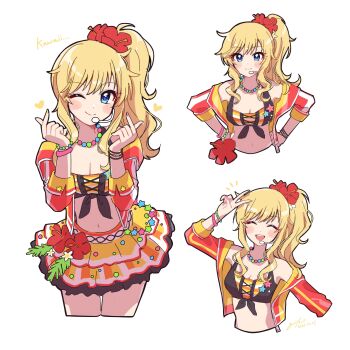 1girl absurdres black_ribbon blonde_hair blue_eyes breasts cleavage closed_eyes closed_mouth commentary crop_top cropped_legs cropped_torso finger_heart flower frilled_skirt frills grk_11601 hands_on_own_hips headset heart hibiscus highres idolmaster idolmaster_cinderella_girls jacket jacket_partially_removed looking_at_viewer multicolored_jacket multiple_views navel ohtsuki_yui one_eye_closed open_mouth ponytail ribbon sidelocks skirt sleeve_cuffs smile solo symbol-only_commentary v