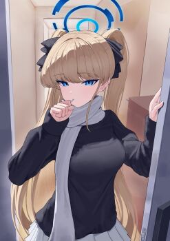 1girl absurdres alternate_costume alternate_hairstyle apartment black_ribbon black_sweater blonde_hair blue_archive blue_eyes blue_halo breasts doorway ear_piercing hair_ribbon halo highres indoors lollipop_in_mouth long_hair long_sleeves looking_at_viewer maji_(majidesu3) medium_breasts open_door opening_door piercing pleated_skirt ribbon scarf skirt solo sweater toki_(blue_archive) twintails upper_body very_long_hair white_scarf white_skirt