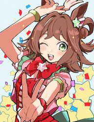 Rule 34 | 1girl, 39kyukochan, ahoge, animal ears, arm up, blush, bow, bowtie, bracelet, brown hair, confetti, corset, cropped jacket, double v, dress, green eyes, horse ears, jacket, jewelry, looking at viewer, one eye closed, open clothes, open jacket, open mouth, outstretched arm, pink jacket, reaching, reaching towards viewer, rhein kraft (umamusume), round teeth, short hair, smile, solo, sparkle, star (symbol), star in eye, symbol in eye, teeth, umamusume, upper teeth only, v