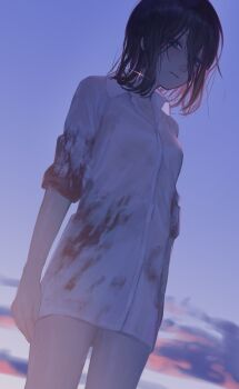 1girl absurdres black_hair blood blood_on_clothes bottomless chainsaw_man collared_shirt cowboy_shot expressionless green_eyes hair_between_eyes hair_down highres looking_at_viewer medium_hair reze_(chainsaw_man) shirt sleeves_rolled_up solo sparkle sunrise tachibana_tsu white_shirt