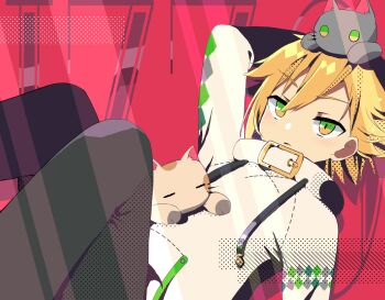 1boy animal animal_on_head blonde_hair cat cat_on_chest cat_on_head closed_mouth drawstring dutch_angle feet_out_of_frame flipped_hair green_eyes green_hoodie grey_pants hair_between_eyes hand_on_own_head hood hood_down hoodie long_sleeves lying male_focus nijisanji on_back on_head one_surprise pants polka_dot polka_dot_hoodie red_background short_hair sidelocks solo two-sided_fabric uzuki_kou uzuki_kou_(2nd_costume) virtual_youtuber white_hoodie