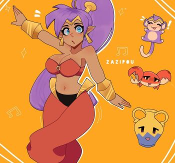 1girl :o bare_shoulders blue_eyes bra breasts cleavage crab dancing dark-skinned_female dark_skin earrings jewelry large_breasts long_hair monkey musical_note pants pointy_ears ponytail purple_hair shantae shantae_(series) underwear very_long_hair zazipou_z
