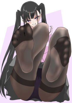 1girl black_hair feet feet_up grin highres kon_(user_vvkd7358) long_hair looking_at_viewer panties panties_under_pantyhose pantyhose pantyshot purple_eyes smile soles toes twintails underwear
