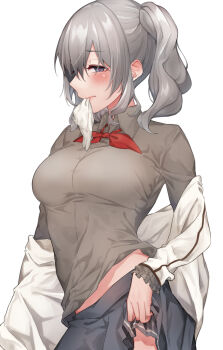 1girl blue_eyes blush breasts clothes_lift collared_shirt cowboy_shot frilled_sleeves frills grey_hair grey_shirt grey_skirt hair_between_eyes highres jacket kamidanomi kantai_collection kashima_(kancolle) kerchief large_breasts long_hair long_sleeves shirt simple_background skirt skirt_lift solo twintails white_background white_jacket
