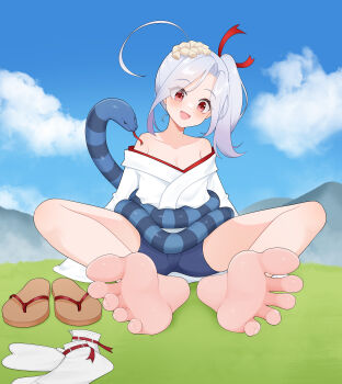 1girl absurdres barefoot bike_shorts blush feet grey_hair highres long_hair open_mouth oshiro_project:re red_eyes shoes side_ponytail snake socks soles toes unworn_shoes unworn_socks wl217_(nicexa111) yakumo_(oshiro_project)