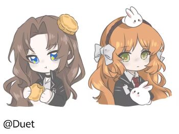 2girls animal_ears bow brown_hair eating expressionless hair_bow hair_intakes id_card ishmael_(project_moon) limbus_company long_hair maozhizhu-wuxiuzhiyinfu-duet mooncake multiple_girls necktie project_moon rabbit rabbit_ears red_necktie rodion_(project_moon) sidelocks simple_background upper_body very_long_hair white_background white_bow