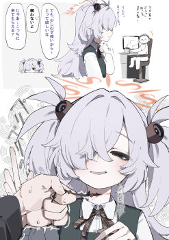 1boy 1girl absurdres black_dress blue_archive blush buttons chair choker coffee coffee_mug collared_shirt cup desk diagonal-striped_ribbon doodle_sensei_(blue_archive) double-breasted dress flat_chest grey_hair hair_intakes hair_ornament hair_over_one_eye halo hands_up highres kanoe_(blue_archive) long_bangs long_hair long_sleeves looking_at_another looking_at_viewer maton_3110 messy_hair mojyo monitor mug multiple_views neck notice_lines on_chair open_mouth orange_eyes orange_halo pale_skin parted_bangs partially_shaded_face peeling pinafore_dress pov pov_hands puffy_long_sleeves puffy_sleeves red_ribbon ribbon scar scar_on_neck scratching sensei_(blue_archive) shirt short_hair short_twintails sidelocks simple_background sleeve_cuffs sleeveless sleeveless_dress smile sound_effects speech_bubble squinting steam sweat swivel_chair translation_request trembling twintails very_long_hair white_background white_shirt