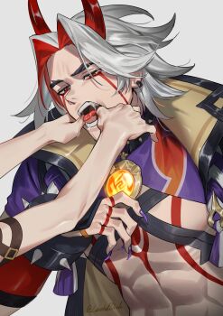 1boy 1other abs absurdres arataki_itto body_markings bodypaint character_request choker colored_inner_hair earrings facepaint fangs forked_eyebrows genshin_impact highres horns jewelry lan_dinh_thi_dieu long_hair male_focus mismatched_eyebrows mouth_pull multicolored_hair pectorals red_eyes red_hair red_horns saliva spiked_choker spikes teeth tongue twitter_username two-tone_hair upper_body vision_(genshin_impact) white_hair