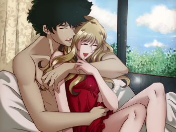 1boy 1girl blonde_hair closed_eyes couple cowboy_bebop cuddling curly_hair flower green_hair highres hug in_bed julia_(cowboy_bebop) laughing lipstick makeup spike_spiegel unityworldtian