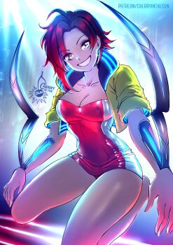 1girl black_hair breasts cherry_in_the_sun cleavage cropped_jacket cyberpunk cyberpunk_(series) cyberpunk_2077 cyborg dress futuristic_weapon gradient_hair grey_eyes jacket long_hair looking_at_viewer mantis_blades_(cyberpunk) medium_breasts multicolored_hair open_clothes open_jacket patreon_username red_hair ruby_rose rwby smile solo two-tone_dress yellow_jacket