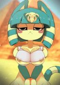 1girl :&lt; ancient_egyptian animal_crossing animal_ears animated ankha_(animal_crossing) aqua_hair arm_warmers ashraely bare_shoulders black_eyes blonde_hair blue_sky blunt_bangs bob_cut bouncing_breasts breasts budget_sarashi cat_ears cat_tail closed_mouth day female_focus furry furry_female groin hair_ornament half-closed_eyes large_breasts looking_at_viewer looking_down multicolored_hair nintendo nipple_slip nipples out-of-frame_censoring outdoors own_hands_together pyramid_(structure) sand sarashi short_hair sky snake_hair_ornament solo standing tail two-tone_hair v_arms video wide_hips