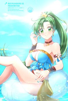 1girl bikini blue_bikini blue_nails breasts brown_choker cf_wing choker cleavage commentary_request earrings fire_emblem fire_emblem:_the_blazing_blade fire_emblem_heroes flower flower_armlet green_eyes green_hair hair_flower hair_ornament highres innertube jewelry large_breasts leather leather_choker long_hair looking_at_viewer lyn_(fire_emblem) lyn_(lady_of_the_beach)_(fire_emblem) nail_polish necklace nintendo official_alternate_costume ponytail shell shell_necklace solo strapless strapless_bikini swim_ring swimsuit very_long_hair