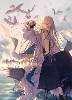 1boy aqua_eyes backlighting belly_chain bird black_robe blonde_hair blue_sky boat brooch fate/grand_order fate_(series) gold_trim jewelry long_hair long_sleeves navel neck_ring noah_(fate) noah_(third_ascension)_(fate) ocean robe saipaco sash sky smile solo very_long_hair watercraft white_robe