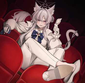1girl absurdres akira_(blue_archive) animal_ear_fluff animal_ears blue_archive blue_bow blush bow cat_ears cat_girl cat_tail colored_eyelashes commentary_request crossed_legs doumu_(31678316) dutch_angle eye_mask full_body grey_hair gun hair_between_eyes handgun high_heels highres holding holding_gun holding_mask holding_weapon jacket long_hair looking_at_viewer mask movie_theater pants parted_lips phantom_thief pink_eyes red_eyes revision shirt shoe_dangle shoes sidelocks sitting smile solo tail tail_raised weapon white_jacket white_mask white_pants white_shirt white_shoes
