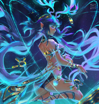 1girl antlers artist_name ass bare_shoulders breasts closed_mouth commentary deer_antlers english_commentary from_behind genshin_impact highres horns large_breasts lauma_(genshin_impact) long_hair pointy_ears purple_hair sandals solo tatti_art very_long_hair