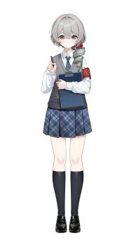 Rule 34 | 1girl, absurdres, armband, black shoes, black socks, blue necktie, blue skirt, chinese commentary, clipboard, collared shirt, commentary request, drill hair, full body, green hair, grey eyes, grey hair, hair between eyes, hazel (virtuareal), highres, holding, holding clipboard, holding pen, multicolored hair, necktie, nijisanji, official art, pen, plaid clothes, plaid skirt, pleated skirt, red armband, shirt, shoes, simple background, skirt, socks, solo, standing, straight-on, streaked hair, striped clothes, striped necktie, tachi-e, transparent background, virtual youtuber, virtuareal, white shirt