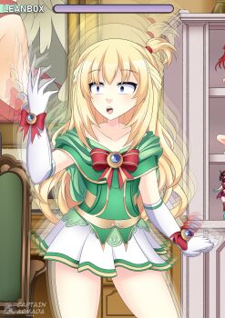 1girl absurdres aged_down alternate_body_size alternate_breast_size_(smaller) blonde_hair captainarmada dress elbow_gloves flat_chest gameplay_mechanics gem gloves green_dress highres jewelry long_hair miniskirt motion_blur motion_lines neptune_(series) open_mouth red_ribbon ribbon shrinking skirt surprised vert_(neptunia) white_gloves wide-eyed
