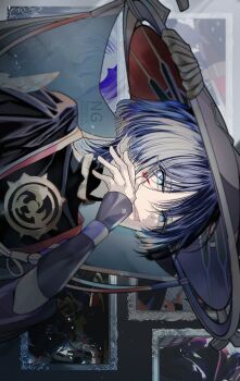 1boy armor asrhion black_bodysuit black_kimono blood blood_on_face blue_eyes blunt_ends bodysuit covered_collarbone genshin_impact gold grey_veil hand_up hat highres japanese_armor japanese_clothes jewelry jingasa juban kimono kote kurokote looking_at_viewer male_focus mandarin_collar mitsudomoe_(shape) neck_ring open_clothes open_kimono picture_frame purple_hair purple_rope red_hat red_kimono rope scaramouche_(genshin_impact) shimenawa sideways single_sode solo tomoe_(symbol) tongue tongue_out tsurime veil watermark white_hair white_kimono white_rope