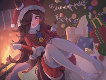 1girl absurdres animal_ears bell blue_flower blue_rose blush bow box brown_hair capelet christmas christmas_tree commentary_request dress ears_through_headwear fire fireplace flipped_hair flower fur-trimmed_capelet fur-trimmed_dress fur-trimmed_headwear fur_trim gift gift_box green_bow hair_over_one_eye hat highres holding horse_ears horse_tail long_hair looking_at_viewer open_clothes pantyhose purple_eyes red_bow red_capelet red_dress rice_shower_(umamusume) rose saigyougi santa_costume santa_dress santa_hat smile solo tail umamusume white_pantyhose