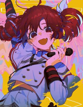 1girl :d @_@ commentary_request dobunomeme drill_hair fang grey_jacket grey_skirt highres holding holding_microphone jacket kasane_teto kasane_teto_(sv) long_hair microphone open_mouth red_eyes red_hair skin_fang skirt smile solo sweatdrop synthesizer_v twin_drills utau
