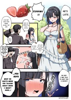 1boy 1girl black_hair blue_eyes blue_hair blush breasts cleavage comic commander_(nikke) dress embarrassed eunhwa_(nikke) eunhwa_(tactical_upgrade)_(day_off)_(nikke) food fruit goddess_of_victory:_nikke long_hair medium_breasts military_uniform multicolored_hair o-los outdoors speech_bubble spitting strawberry sweat translated two-tone_hair white_dress