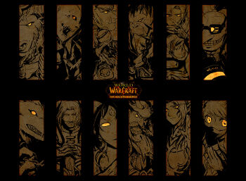 4girls 6+boys blood_elf_(warcraft) brown_theme charalue clenched_teeth column_lineup draenei dwarf dwarf_(warcraft) elf glowing glowing_eyes gnome gnome_(warcraft) goblin goblin_(warcraft) grid_lineup grin human_(warcraft) monochrome multiple_boys multiple_girls night_elf_(warcraft) orc orc_(warcraft) pointy_ears smile smirk spot_color tauren_(warcraft) teeth troll troll_(warcraft) undead undead_(warcraft) warcraft worgen world_of_warcraft yellow_eyes