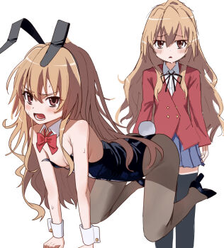1girl aisaka_taiga all_fours alternate_costume animal_ear_hairband animal_ears bare_arms bare_shoulders black_hairband black_shoes black_thighhighs blonde_hair blue_skirt blush bow bowtie breasts brown_eyes collared_shirt detached_collar eff_i fake_animal_ears fake_tail hairband high_heels highres jacket loli long_hair looking_at_viewer open_mouth playboy_bunny pleated_skirt rabbit_ear_hairband rabbit_ears rabbit_tail red_bow red_bowtie red_jacket shirt shoes skirt small_breasts sweat tail thighhighs toradora! very_long_hair white_shirt wrist_cuffs