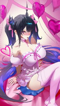 1girl absurdres alternate_costume arm_support asymmetrical_bangs asymmetrical_horns balloon black_hair blue_hair blush breasts cleavage colored_inner_hair commentary demon_horns detached_collar detached_sleeves dress face_in_ass feet_out_of_frame flower frilled_dress frills from_above hair_ribbon heart heart-shaped_pupils heart_balloon highres hololive hololive_english horn_flower horns jailbird_(nerissa_ravencroft) large_breasts long_hair looking_at_viewer multicolored_hair nerissa_ravencroft no_shoes nose_blush open_mouth oyomeholic_(nerissa_ravencroft) pink_dress pink_ribbon pink_thighhighs puffy_detached_sleeves puffy_sleeves red_eyes ribbon sidelocks sitting sleepwear sleeveless sleeveless_dress solo strapless strapless_dress symbol-shaped_pupils thekaiyip thighhighs twintails two-tone_hair uneven_horns very_long_hair virtual_youtuber