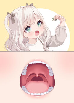 1boy 1girl 2koma blonde_hair bow chitosezaka_suzu comic commission green_eyes hair_bow highres imminent_vore loli long_hair mini_person miniboy open_mouth original round_teeth size_difference skeb_commission teeth tongue twitter_username two_side_up uvula vore