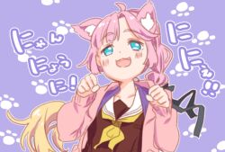 Rule 34 | 1girl, :3, ahoge, animal ears, anyoji hime, black ribbon, blonde hair, blue eyes, blunt bangs, blush, brown dress, cat ears, cat girl, commentary, dress, fang, gradient hair, hair ribbon, hasu no sora school uniform, hood, hooded jacket, jacket, kemonomimi mode, link! like! love live!, long hair, long sleeves, looking at viewer, love live!, multi-tied hair, multicolored hair, neckerchief, nyan, open clothes, open jacket, paw pose, paw print, paw print background, pink hair, pink jacket, ponytail, purple background, ribbon, sailor collar, sailor dress, school uniform, sidelocks, solo, swept bangs, translation request, upper body, very long hair, virtual youtuber, white sailor collar, winter uniform, yellow neckerchief, yukiri takashi