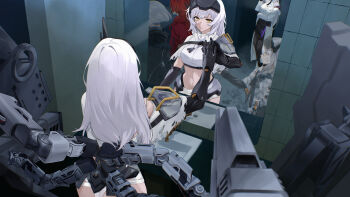 2girls absurdres bandaged_torso bathroom black_skirt breasts cecil_(nikke) cloak commentary commentary_request crop_top english_commentary goddess_of_victory:_nikke head-mounted_display highres indoors large_breasts liliweiss_(nikke) long_hair looking_at_mirror midriff mirror mixed-language_commentary multiple_girls nagato_tsumugu navel pencil_skirt prosthesis prosthetic_arm red_hair red_hood_(nikke) shirt skirt snow_white_(heavy_arms)_(nikke) snow_white_(innocent_days)_(nikke) snow_white_(nikke) torn_cloak torn_clothes very_long_hair visor_(armor) white_cloak white_hair white_shirt yellow_eyes
