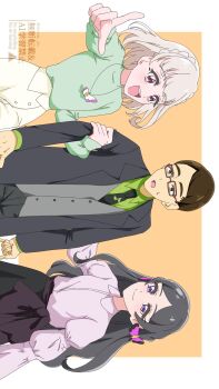 1boy 2girls black_hair black_jacket black_skirt blonde_hair blouse blunt_bangs bob_cut braid business business_suit eyelashes formal_clothes glasses grabbing_another's_arm green_shirt hair_ribbon hair_tie highres jacket jewelry kimi_to_idol_precure long_sleeves low_twin_braids mature_male multiple_girls musical_note necklace necktie open_clothes orange_background parted_bangs pointing pointing_at_viewer precure purple_shirt red_eyes ribbon salaryman shirata_pic shirt short_hair side_braid skirt smile suit sweat sweatdrop tanaka_(precure) tanaka_meron tanaka_purin twin_braids twitter_username upper_body vertical very_short_hair watermark