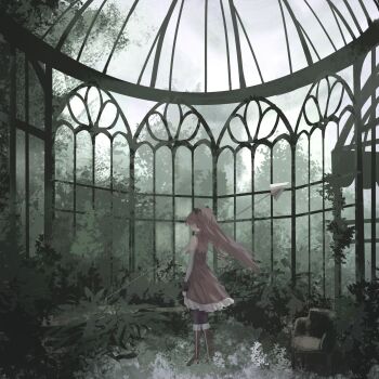 1girl armchair bare_shoulders black_bow black_pantyhose black_wrist_cuffs boots bow bush chair chinese_commentary cloud cloudy_sky collared_dress commentary_request day detached_sleeves dress floating_hair frilled_dress frills from_behind full_body greenhouse grey_sleeves hair_bow highres holding holding_polearm holding_weapon indoors knee_boots layla_836829767 long_hair long_sleeves magical_girl mahou_shoujo_madoka_magica mahou_shoujo_madoka_magica_(anime) medium_dress over_shoulder overgrown pantyhose plant polearm ponytail red_boots red_dress red_hair sakura_kyoko sky sleeveless sleeveless_dress solo spear standing tree very_long_hair vines weapon weapon_over_shoulder wind wrist_cuffs