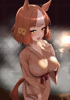 1girl animal_ears bath_yukata belno_light_(umamusume) breasts brown_eyes brown_hair brown_kimono brown_sash commentary_request hair_ornament highres horse_ears horse_girl horse_tail index_finger_raised japanese_clothes kimono komb large_breasts looking_at_viewer multicolored_hair onsen open_mouth short_hair smile solo standing streaked_hair tail textless_version umamusume umamusume:_cinderella_gray white_streaks yukata