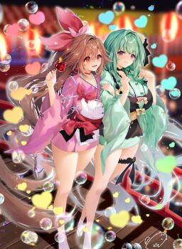 2girls ahoge blurry blurry_background breasts bridge brown_hair bubble candy_apple closed_mouth copyright_notice dating enju_(z/x) food frilled_thigh_strap green_hair green_kimono hair_ornament heart high_ponytail highres holding holding_candy_apple holding_food japanese_clothes kimono lantern large_breasts locked_arms long_hair multiple_girls night official_art open_mouth orange_eyes outdoors paper_lantern pink_kimono ponytail prism_(z/x) purple_eyes sandals short_kimono signature socks sparkle standing standing_on_one_leg teeth thigh_strap very_long_hair walking weisuoxin white_socks wooden_bridge yuri z/x zouri