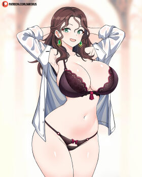 1girl :d arms_behind_head arms_up black_bra black_panties bra breasts brown_hair cleavage curvy dorothea_arnault earrings fire_emblem fire_emblem:_three_houses green_eyes highres huge_breasts jarckius jewelry lingerie long_hair looking_at_viewer navel nintendo open_clothes open_mouth open_shirt panties shirt smile solo stomach underwear wavy_hair white_shirt wide_hips
