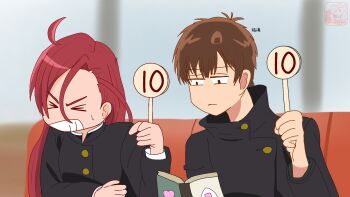 1boy 1girl ahoge blurry blurry_background book brown_hair buttons closed_eyes couch crossover delicious_party_precure fushiguro_megumi hands_on_own_chest highres holding holding_book huge_ahoge jacket jujutsu_kaisen kugisaki_nobara long_hair long_sleeves nitiasa_tama parted_bangs precure reading red_hair restaurant school_uniform score shinada_takumi short_hair sitting smirk sweat sweatdrop takizawa_asuka tropical-rouge!_precure very_short_hair voice_actor_connection