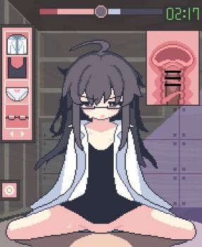 1boy 1girl animated black_hair brown_eyes censored cervix cowgirl_position cross-section cum cum_in_pussy deep_penetration ejaculation glasses hetero indoors internal_cumshot lab_coat loli penis pixel_art pov riding sex soterio sotie straddling sweat tagme uterus vaginal video x-ray