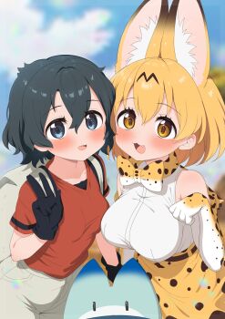 2girls animal_ears animal_print black_hair blonde_hair blue_eyes blush bow bowtie breasts commentary_request elbow_gloves extra_ears fang gloves highres kaban_(kemono_friends) kemono_friends large_breasts looking_at_viewer lucky_beast_(kemono_friends) multicolored_hair multiple_girls open_mouth orange_bow orange_bowtie print_bow print_bowtie print_gloves print_skirt ransusan red_shirt serval_(kemono_friends) shirt short_hair short_sleeves skirt sleeveless smile traditional_bowtie two-tone_bow two-tone_bowtie v