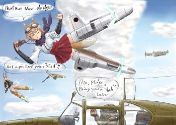 1boy 3girls ;d aircraft airplane animal_ears arm_guards black_jacket blonde_hair blue_sky brown_eyes brown_gloves brown_hair camera cloud cockpit commentary_request english_text flying fox_ears fox_tail gloves goggles goggles_on_head gun hakama hakama_skirt hanna-justina_marseille highres jacket japanese_clothes katou_keiko keyboardnoob machine_gun mg42 mirror multiple_girls one_eye_closed open_mouth p-51_mustang purple_scarf radio_antenna raisa_pottgen red_skirt scarf shirt skirt sky smile strike_witches striker_unit tail thumbs_up translation_request weapon white_shirt white_skirt wing_ears world_witches_series