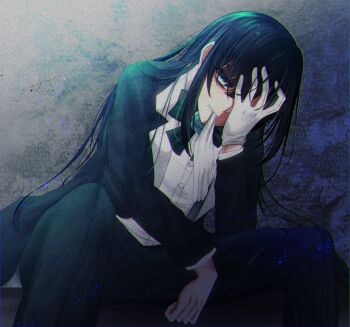 1girl ado_(utaite) black_coat black_hair black_pants blue_eyes chando_(ado) chromatic_aberration coat commentary glove_in_mouth gloves highres long_hair mole mouth_hold pants shirt shoko_(gs_music11) sidelocks single_glove solo symbol-only_commentary utaite white_gloves white_shirt