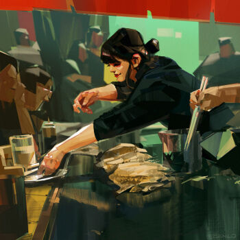 1girl 6+others ben_lo black_hair black_shirt chopsticks commentary cup faceless filet fish food hair_bun hairband hibachi_(object) highres holding holding_chopsticks market_stall medium_hair multiple_others original out_of_frame painterly people reaching reaching_towards_another reflective_surface scenery serving shirt sidelocks sleeves_rolled_up tray